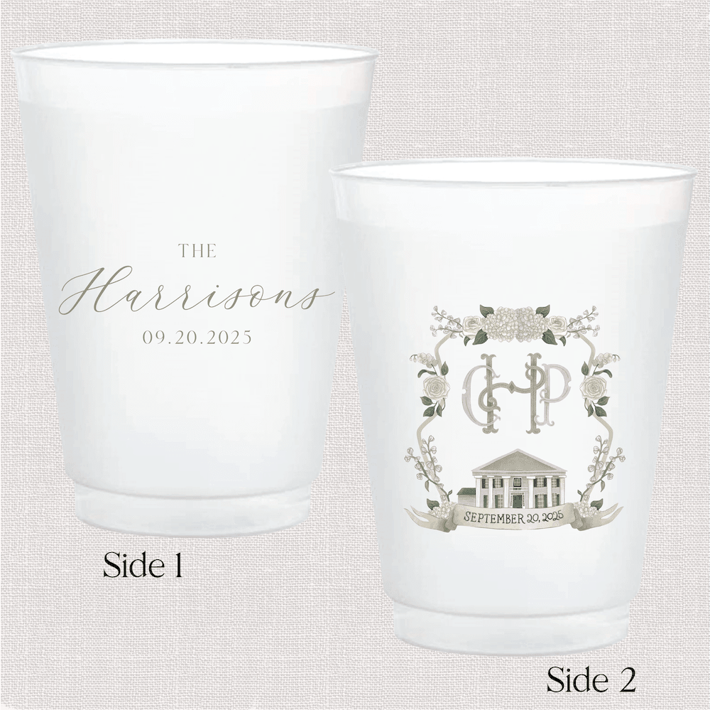 Frosted white cups showing two sides: one with "The Harrisons 09.20.2023" in elegant script, the other with a custom venue illustration featuring a house and floral design with initials.
