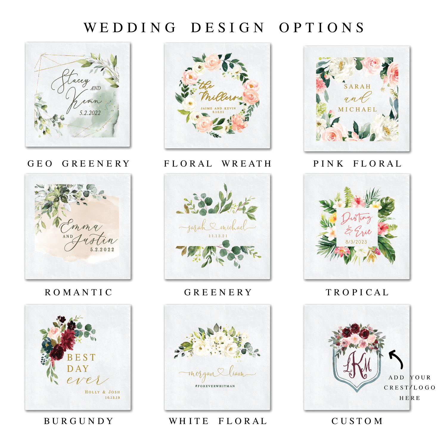 Nine square napkin design options featuring watercolor florals in styles like geo greenery, floral wreath, pink floral, romantic, greenery, tropical, burgundy, white floral, and custom themes.