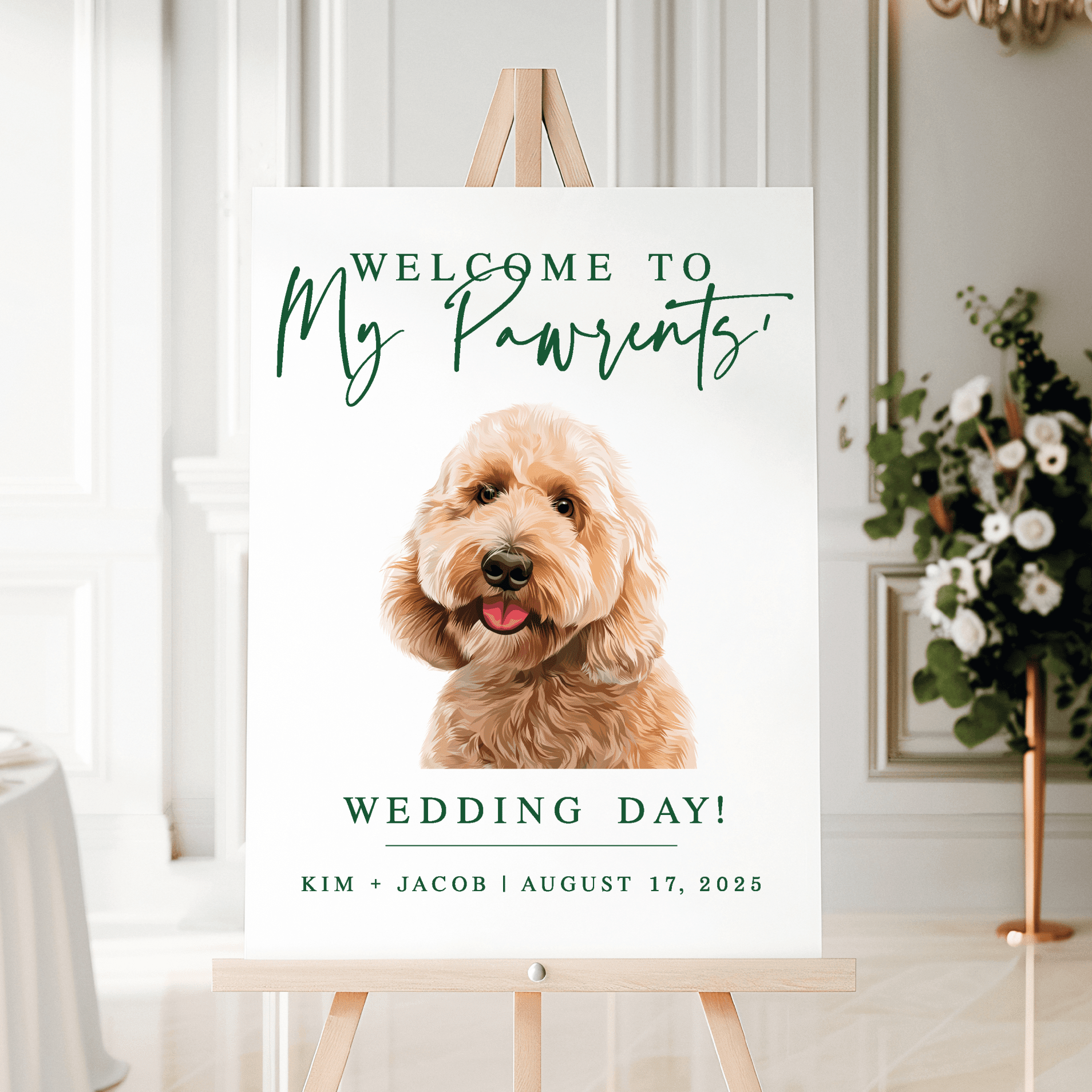 White welcome sign with cream dog portrait and personalized wedding text in script and serif fonts