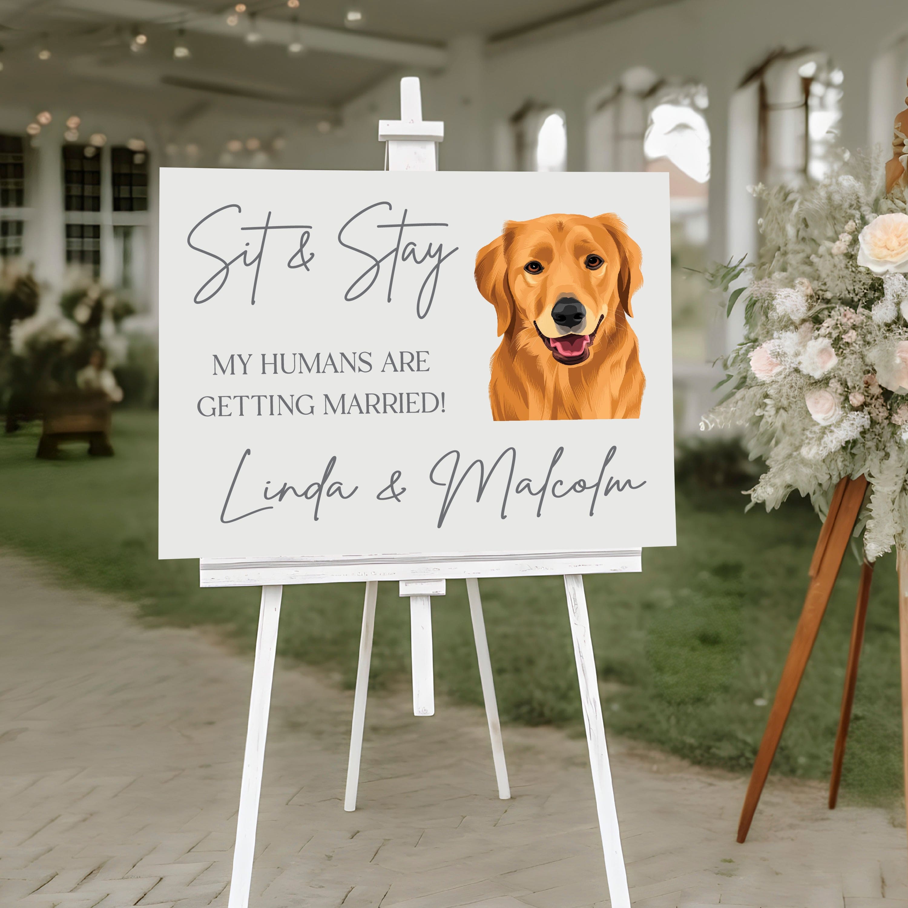 Sit & Stay Custom Illustrated Pet Ceremony Sign - Landscape - Welcome Sign