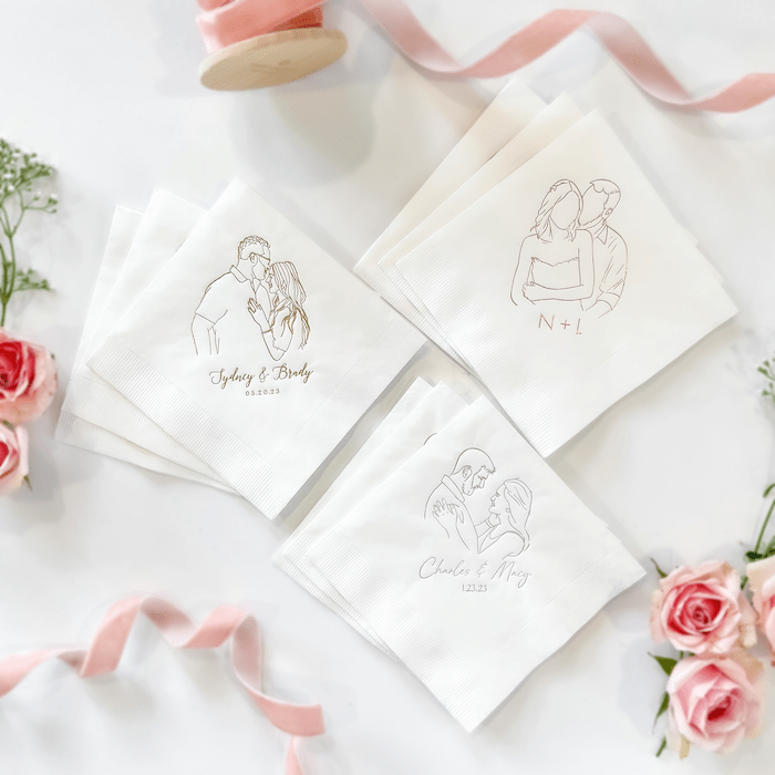 Custom Illustrated Portrait Wedding Napkins - Napkins - Foil Stamped - Illustrated