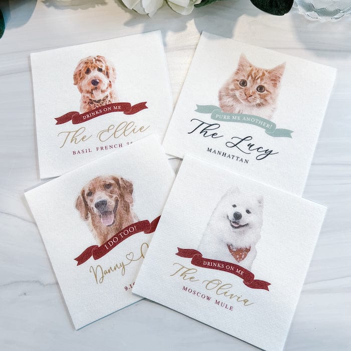 Drinks on Me Wedding Full Color Napkins | Pet Lover - Napkins - Watercolor Pet