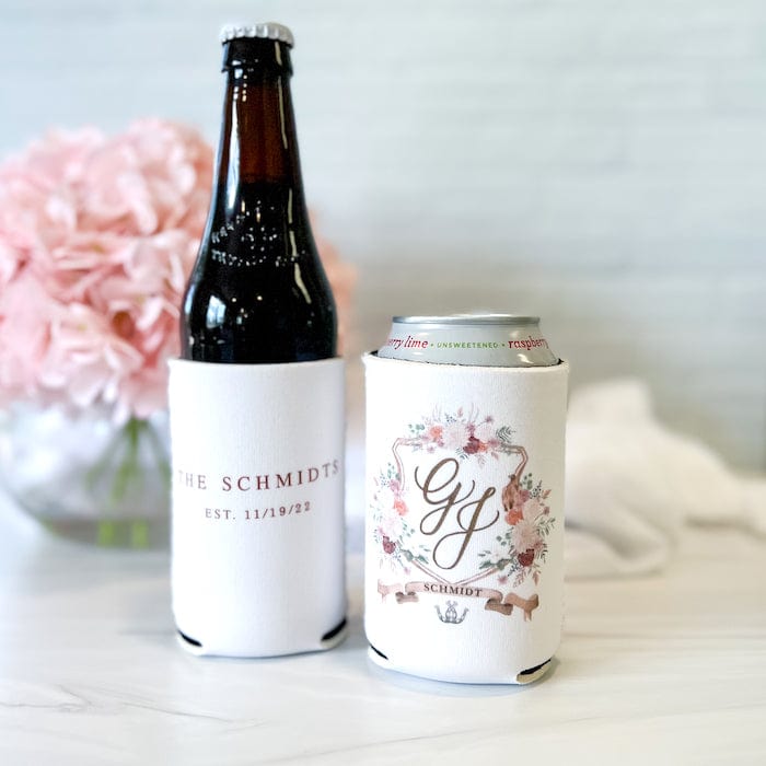 Personalized wedding crest can cooler with monogram crest and names