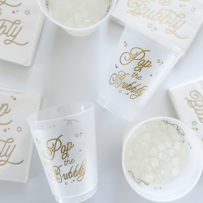 Pop the Bubbly Plastic Cups and Napkins - Quick Ship