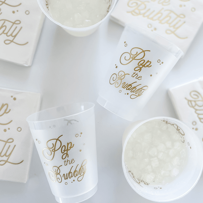Pop the Bubbly Plastic Cups and Napkins - Quick Ship
