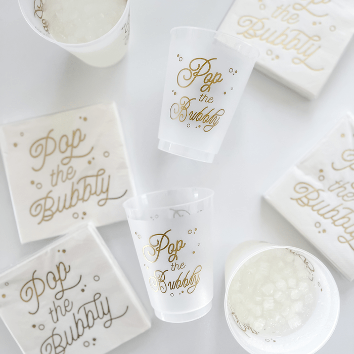 Pop the Bubbly Plastic Cups and Napkins - Quick Ship