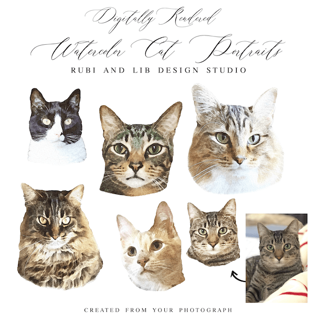 Digital Watercolor Rendering Cat Portrait - Artwork