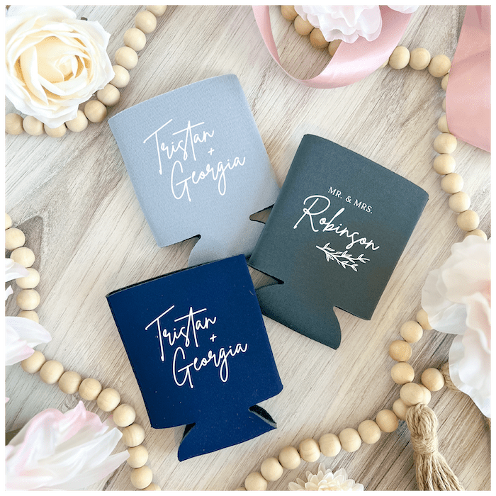Personalized floral motif can cooler for wedding reception