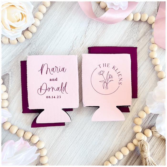 Custom floral can cooler wedding favor with elegant script