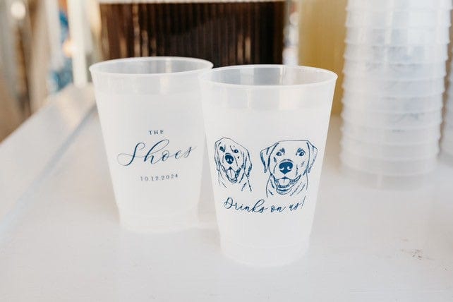 Translucent white plastic cups with a deep blue custom imprint, showcasing charming animal illustrations and elegant script typography, perfect for a memorable celebration.