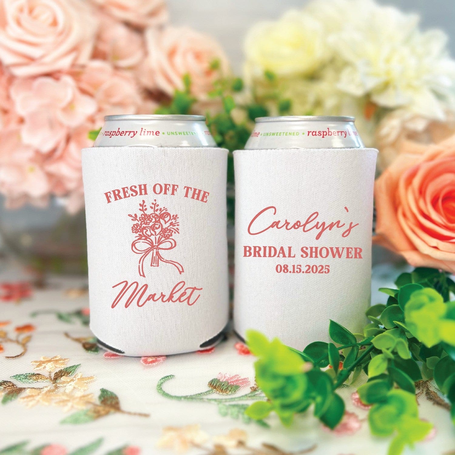 Personalized fabric can coolers with custom coral designs, ideal for a bridal shower or bachelorette party.
