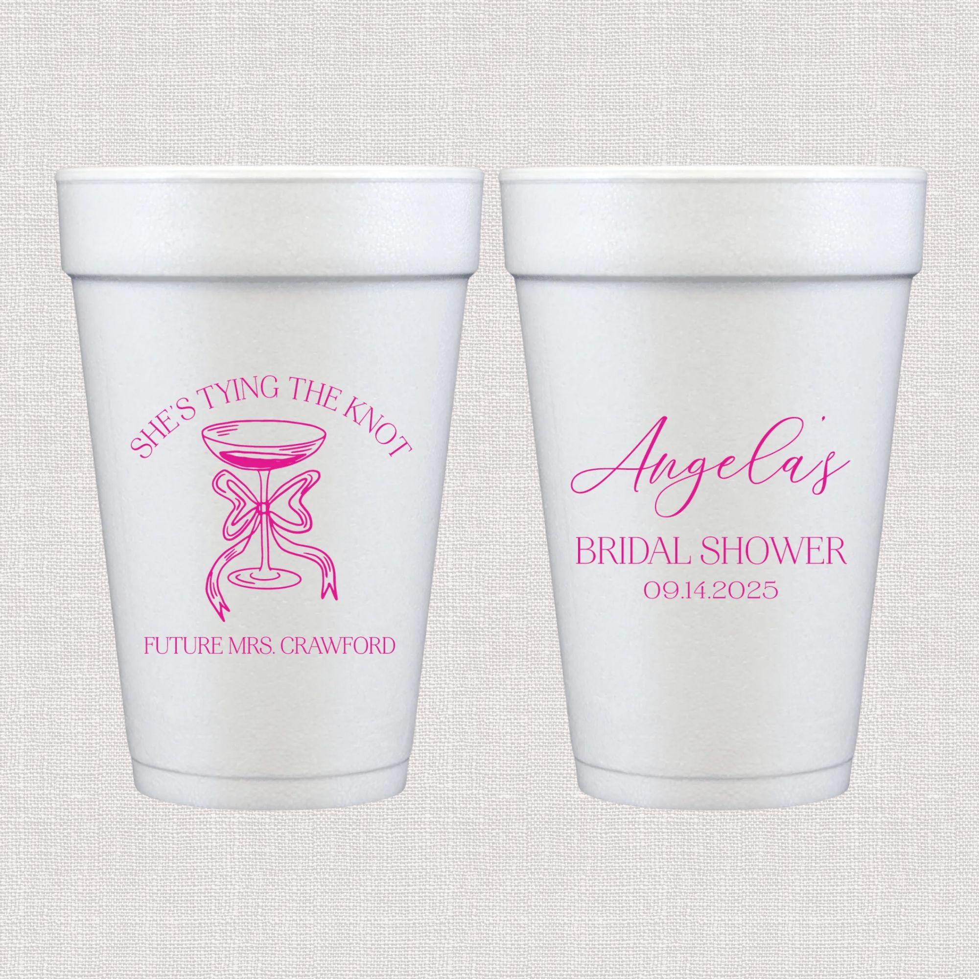 White foam cups with pink hourglass and script wedding shower personalized text design