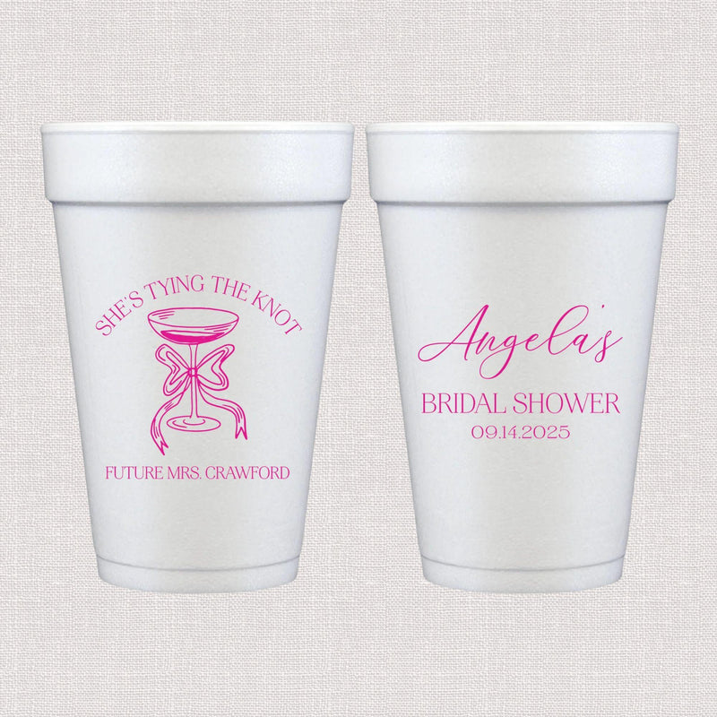 White foam cups with pink hourglass and script wedding shower personalized text design