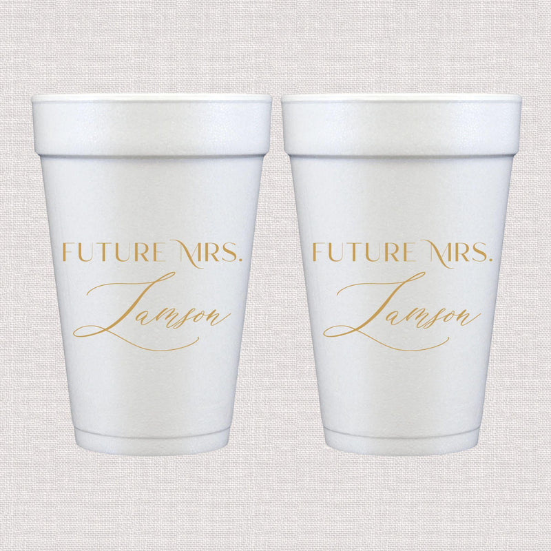 White foam cup with gold personalized text personalized bridal text design