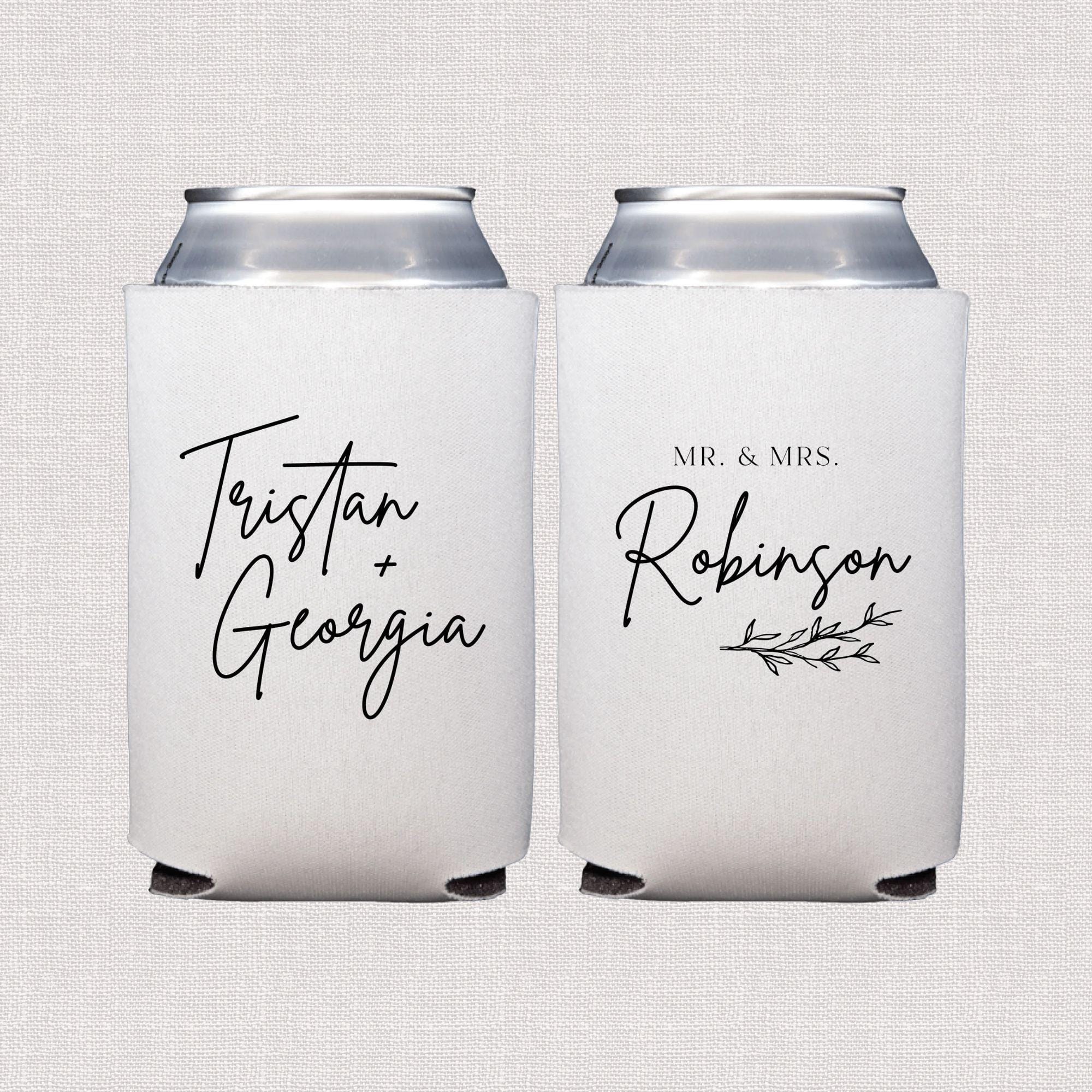Two white neoprene can coolers with personalized script names and Mr & Mrs text in black ink, displayed front and back.