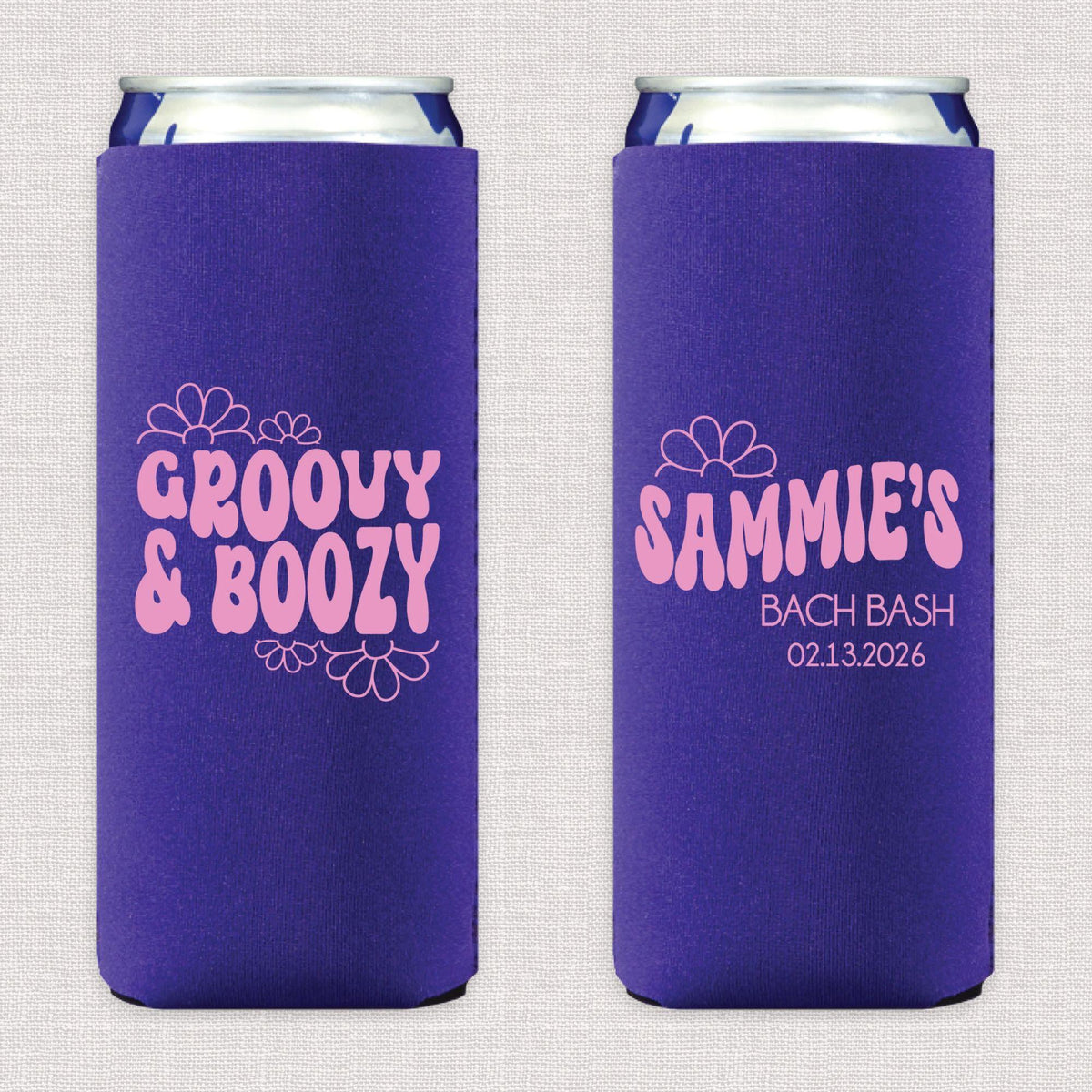 Groovy And Boozy Personalized Bachelorette Slim Can Coolers
