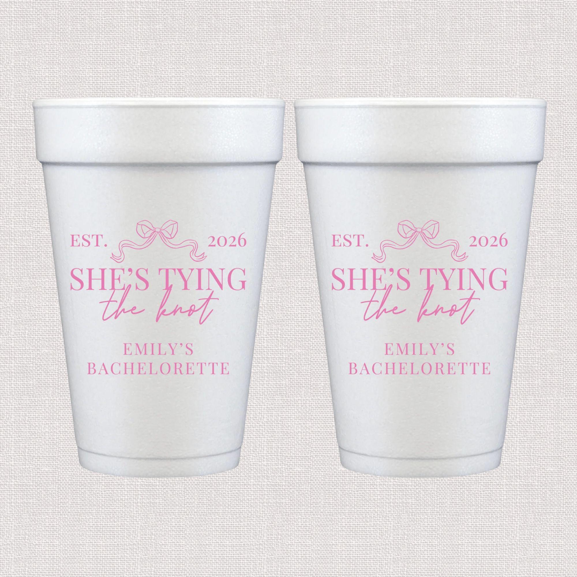 White foam cups with pink bow and personalized bachelorette wedding text design