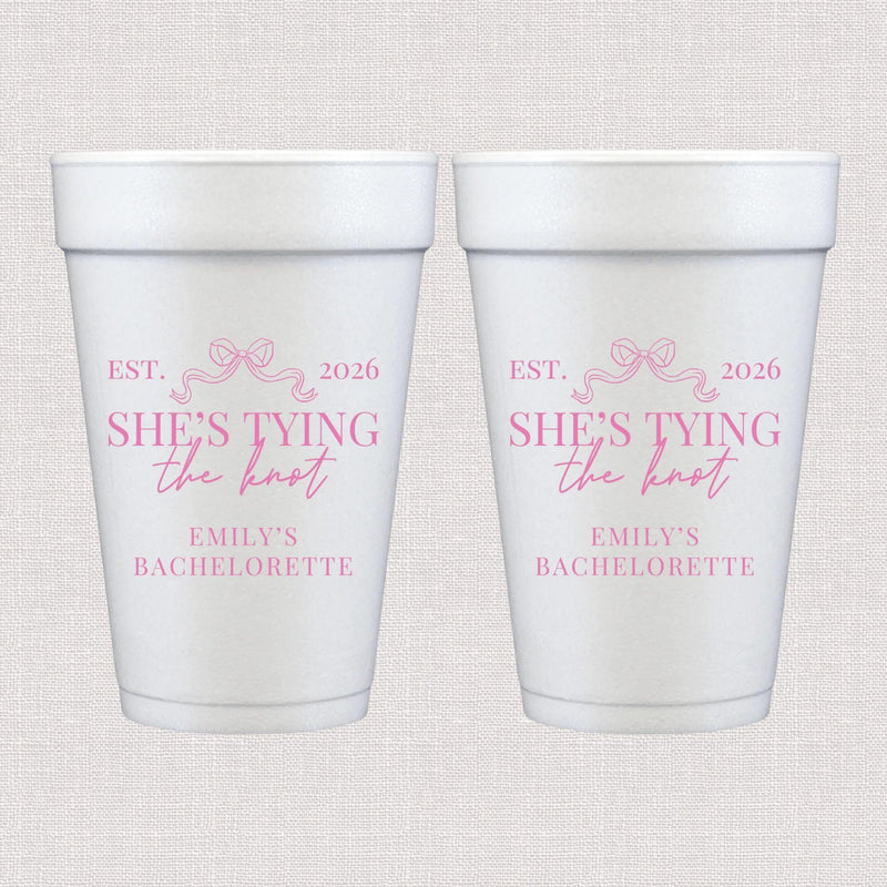 White foam cups with pink bow and personalized bachelorette wedding text design