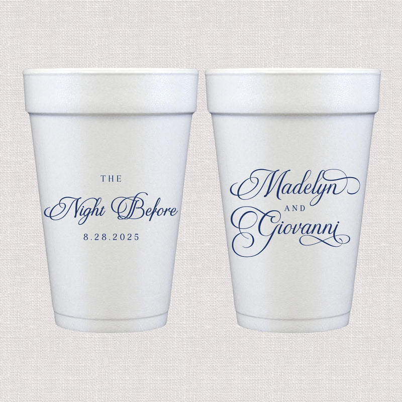 White foam cup with navy script wedding text and personalized couple names design