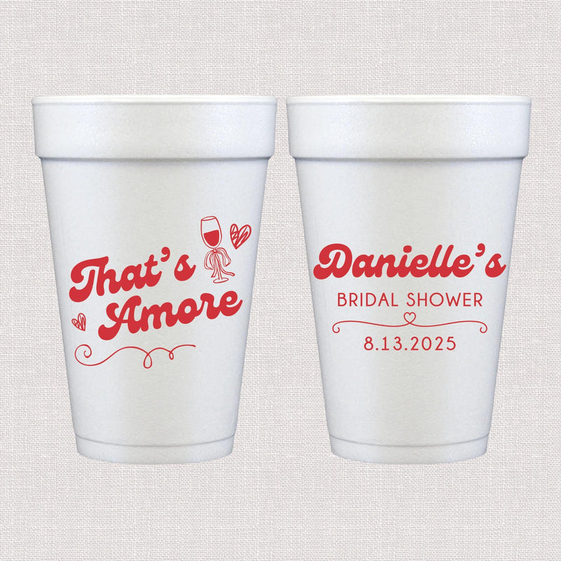 White foam cups with red personalized text wine glass design and personalized bridal shower text