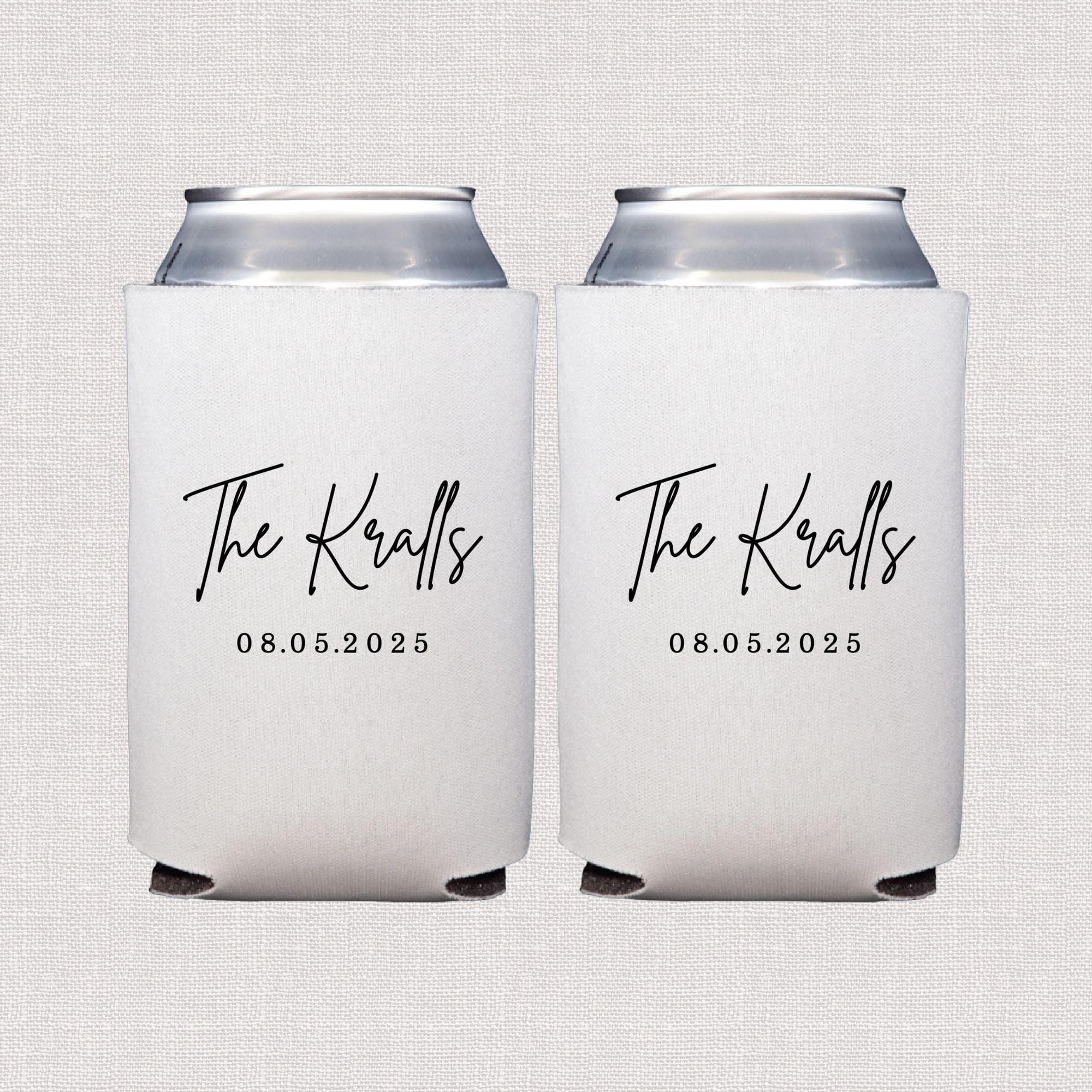 Pair of white neoprene can coolers personalized with "The Knalls" script and wedding date 08.05.2025