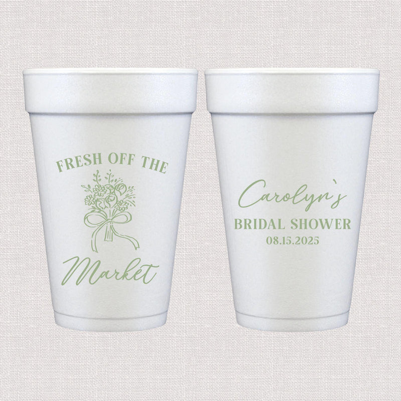 White foam cups with sage green floral bouquet and personalized bridal shower text design
