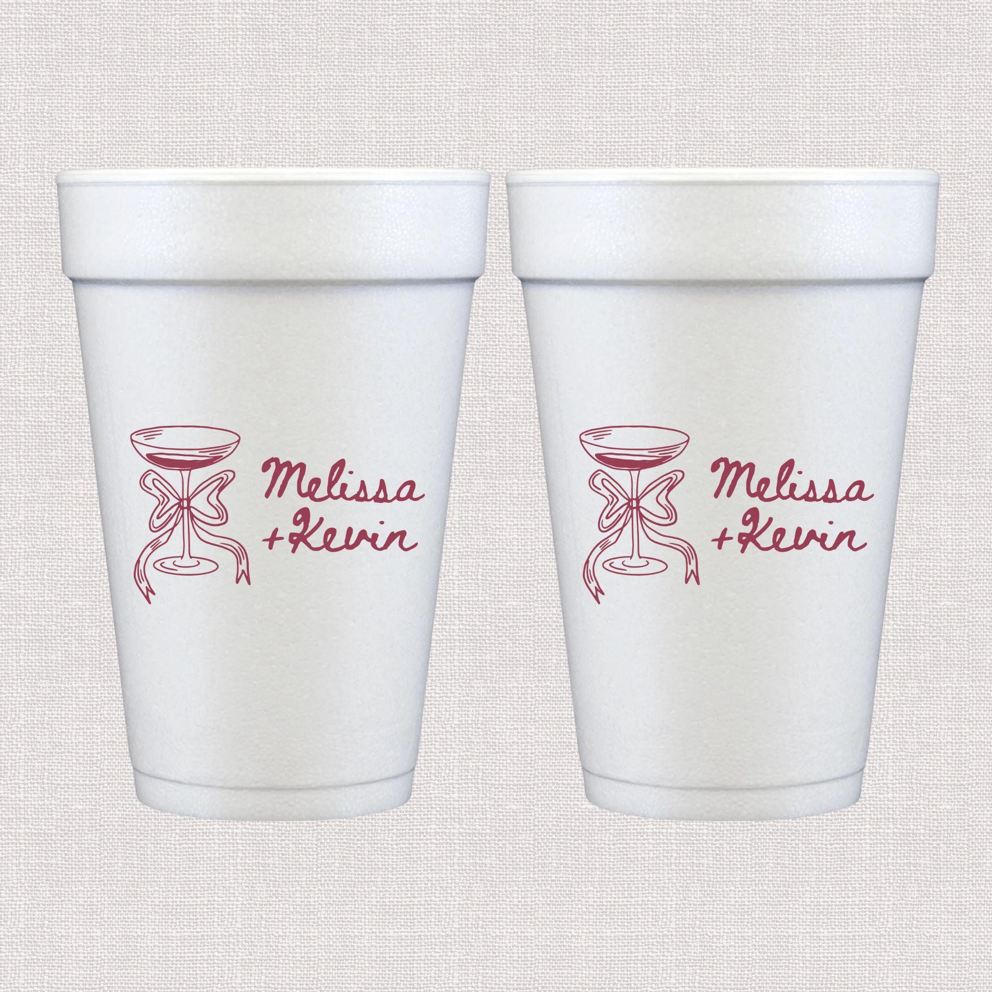 White foam cup with burgundy hourglass and personalized wedding text design