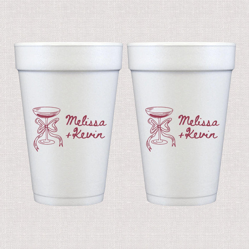 White foam cup with burgundy hourglass and personalized wedding text design