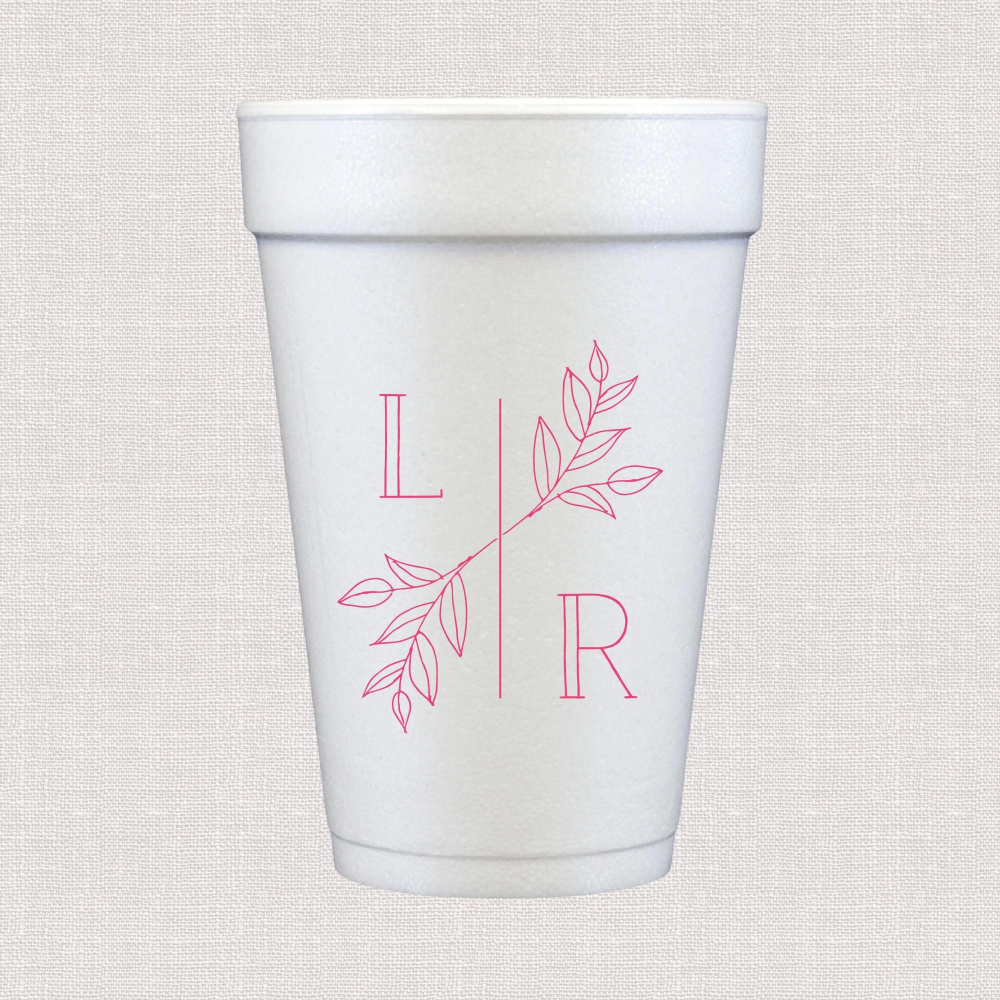 White foam cup with pink line art leaf and personalized initial design