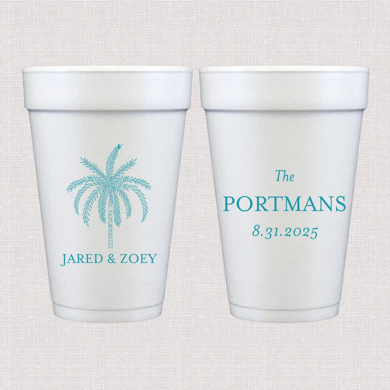 White foam cup with turquoise palm tree and personalized wedding text design