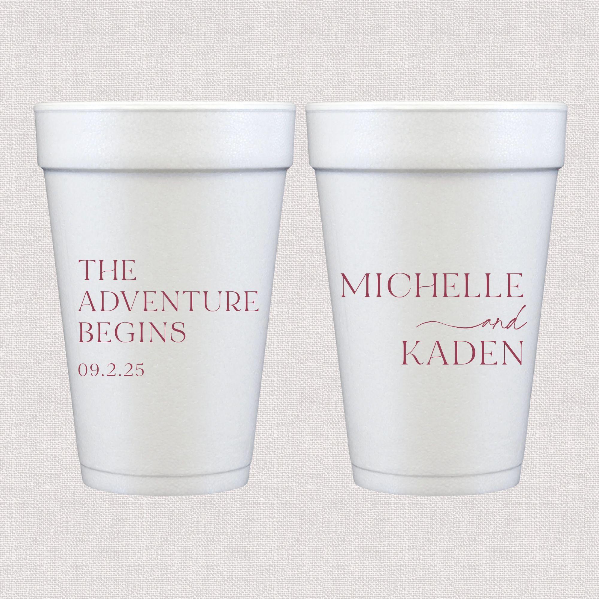 White foam cups with personalized wedding text and date in coral script print