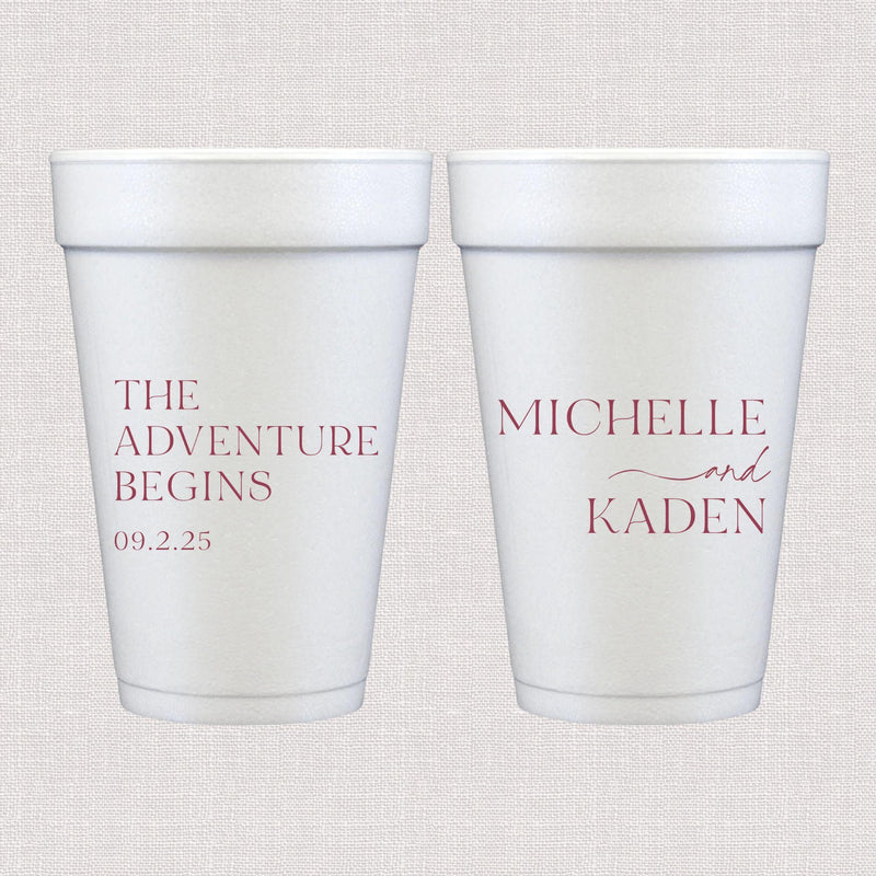 White foam cups with personalized wedding text and date in coral script print