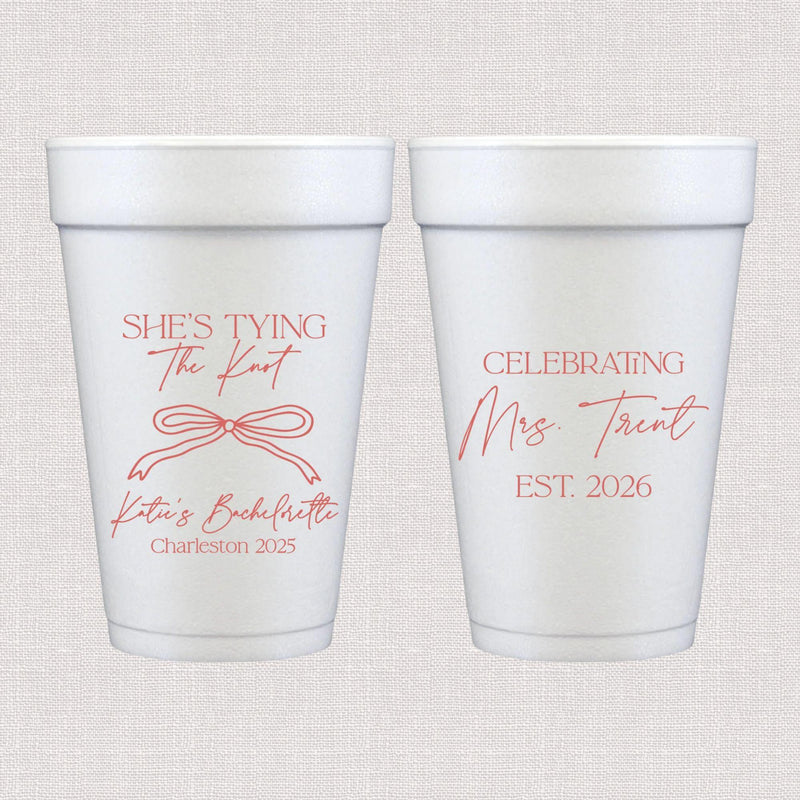 White foam cups with coral bride design and personalized wedding text