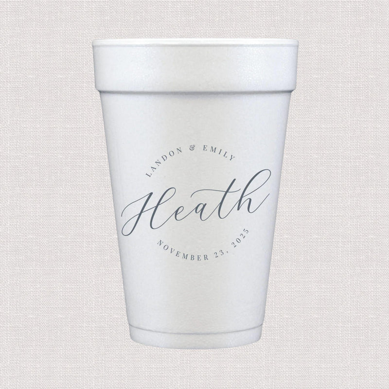 White foam cup with personalized script text and elegant wedding design in gray print