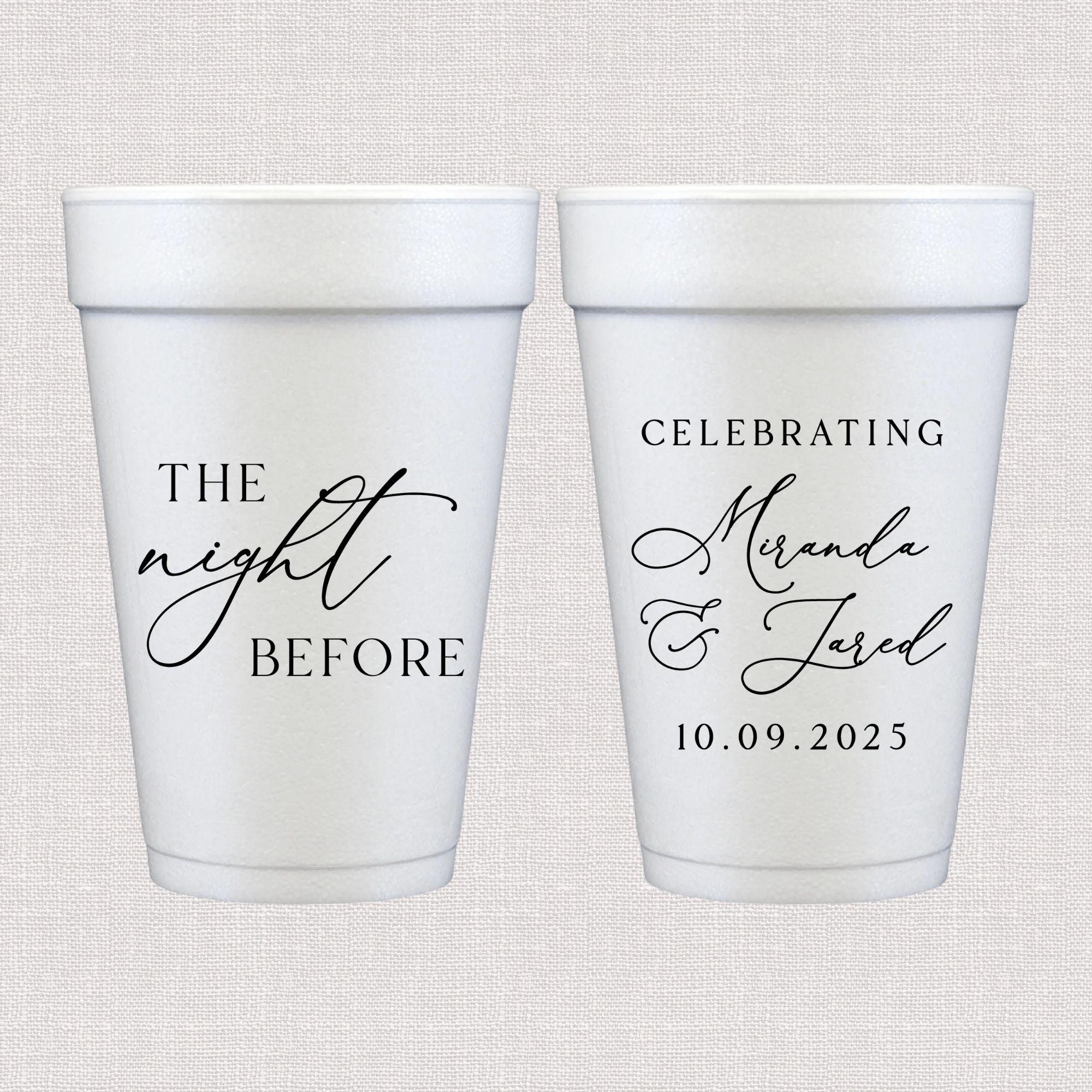 White foam cups with script wedding text and personalized date design