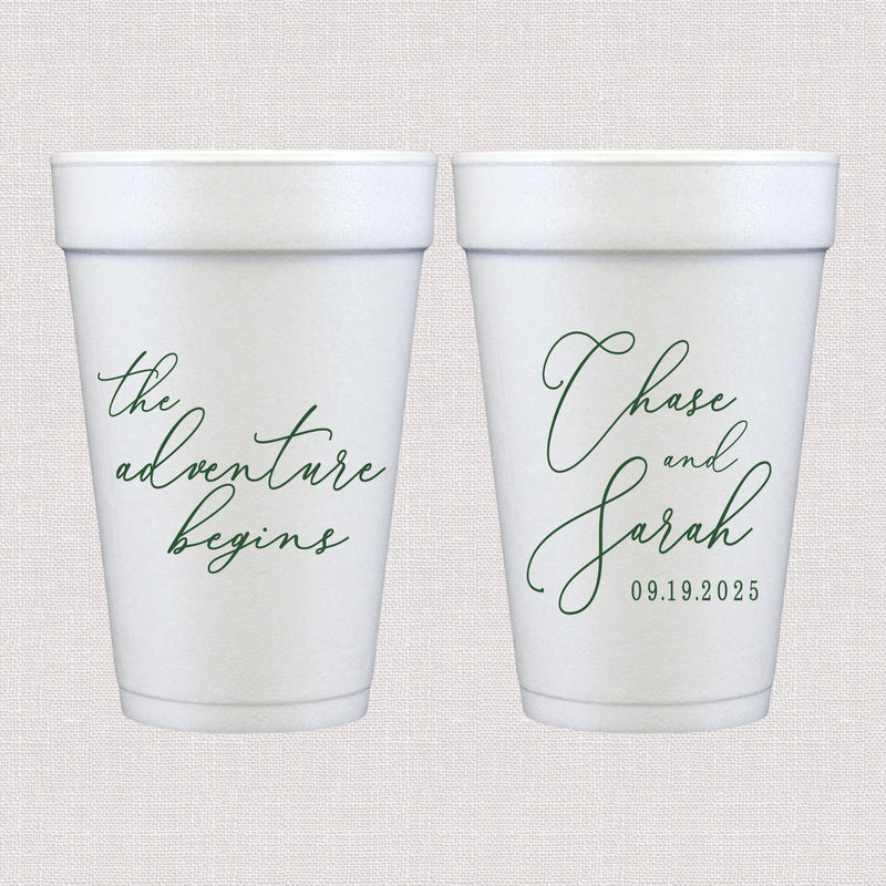White foam cups with script wedding text and personalized couple names with date
