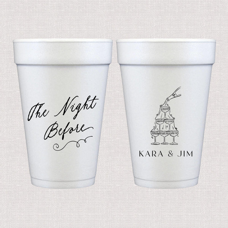 White foam rehearsal dinner cups with script wedding text and tiered cake illustration