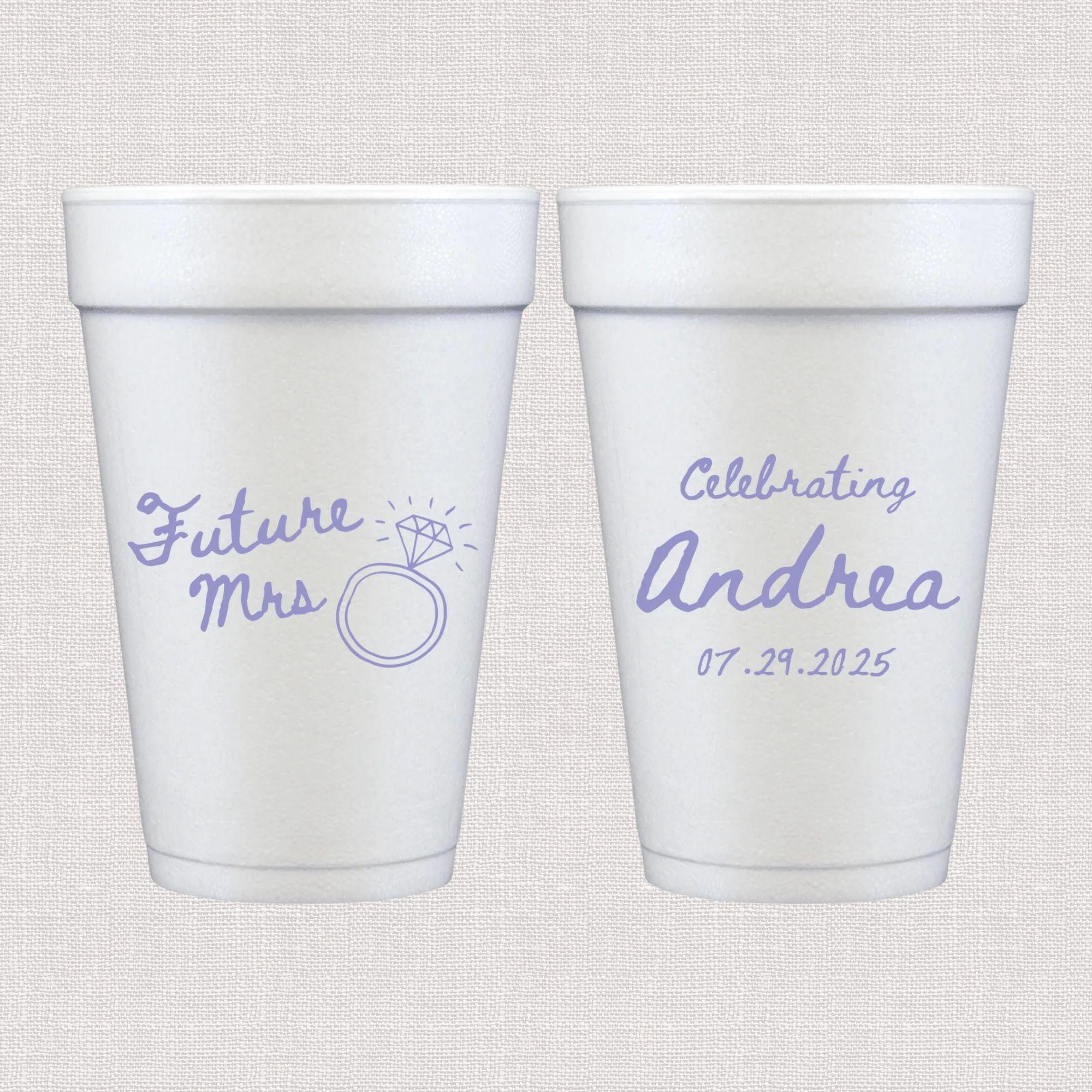 White foam cups with purple script wedding design and personalized bride text