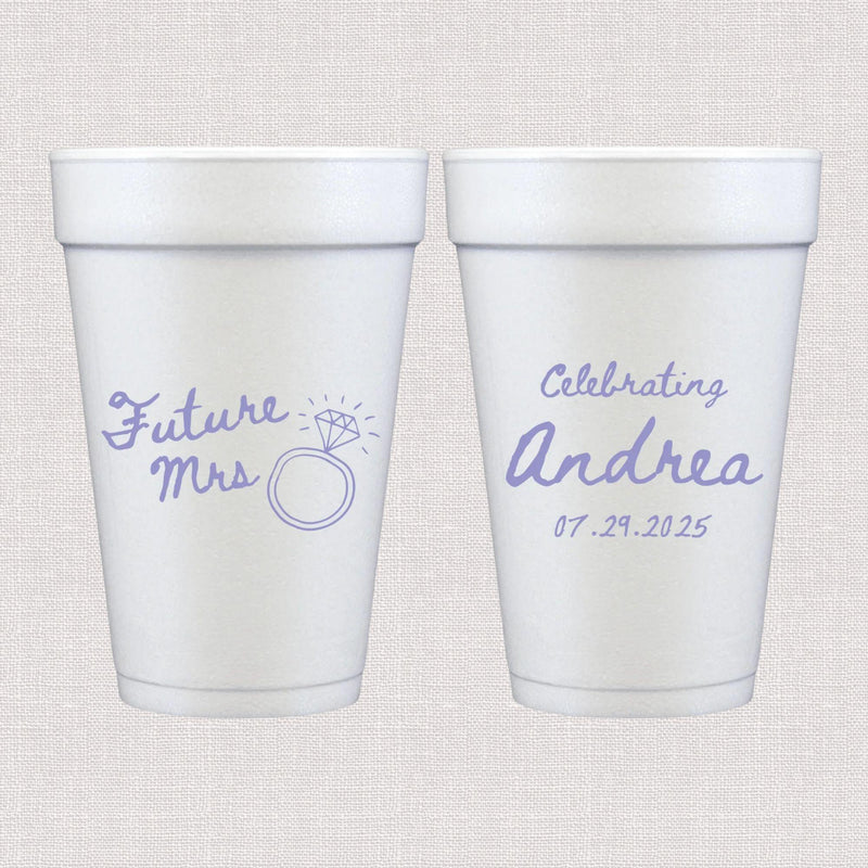 White foam cups with purple script wedding design and personalized bride text