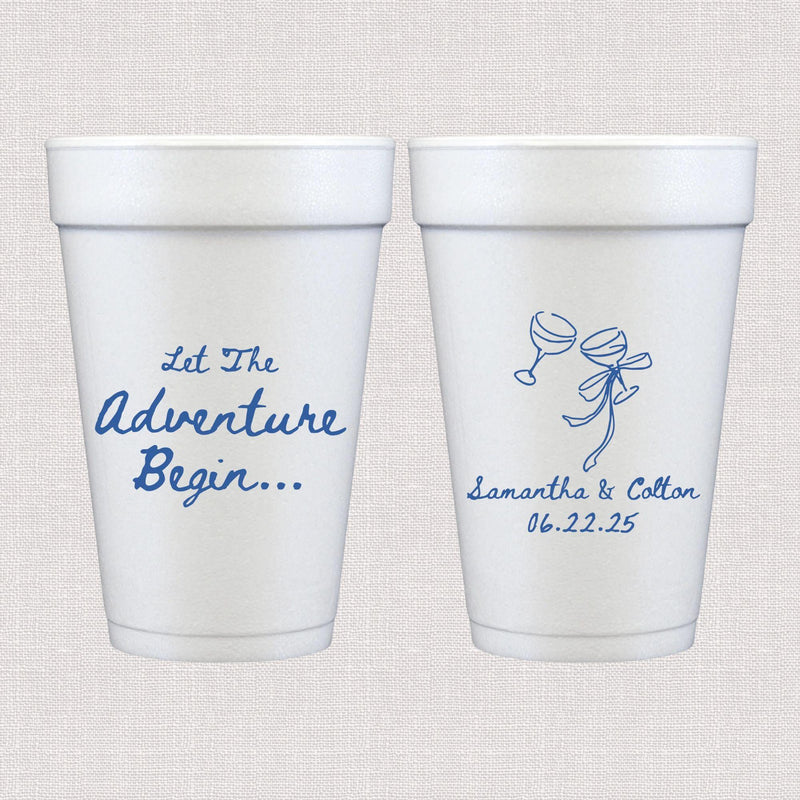 White foam cup with blue script wedding text and bow illustration design