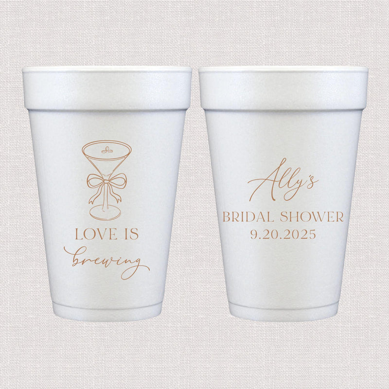 White foam cups with gold halo and bow bridal shower design and personalized wedding text