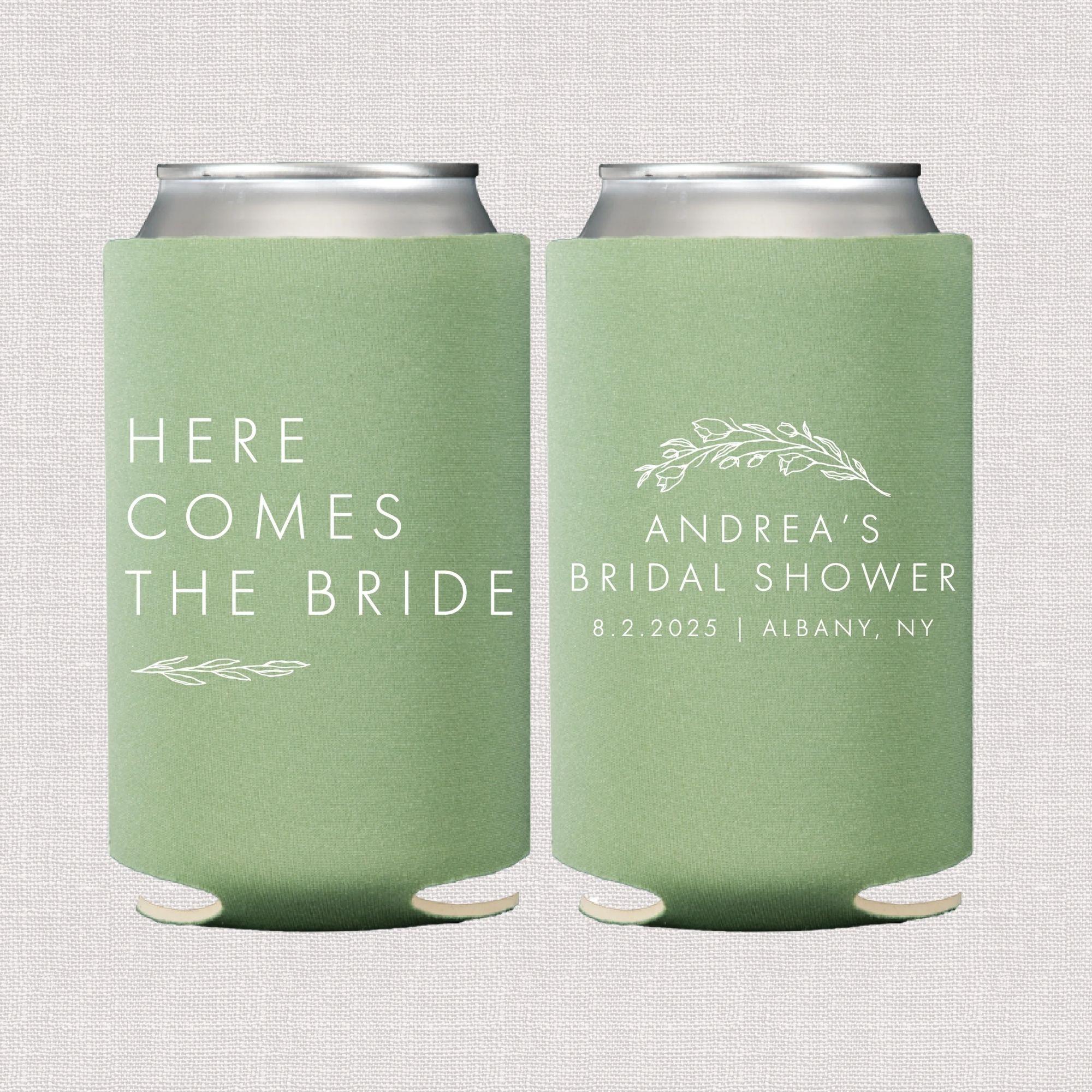 Here Comes The Bride Floral Personalized Bridal Shower Can Coolers