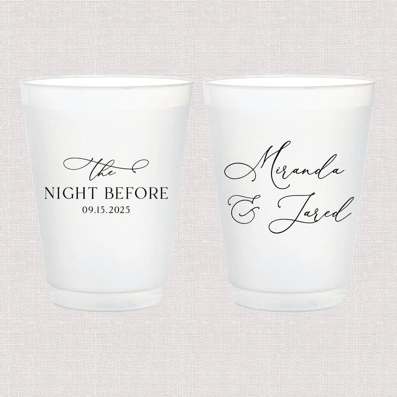 Two frosted plastic cups with black script text, one reading "The Night Before" with date 09.15.2023, the other personalized with "Miranda & Jared"