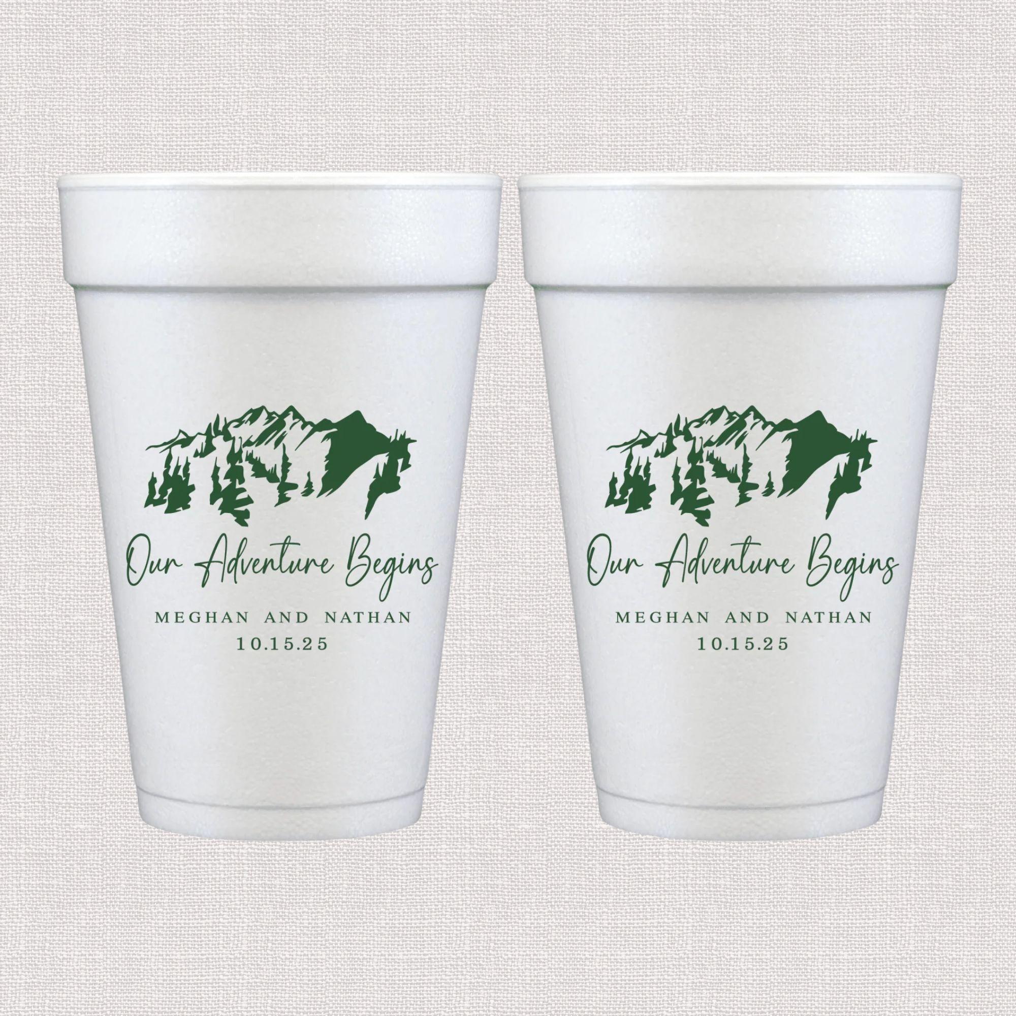 White foam cups with green mountain range and personalized wedding text design