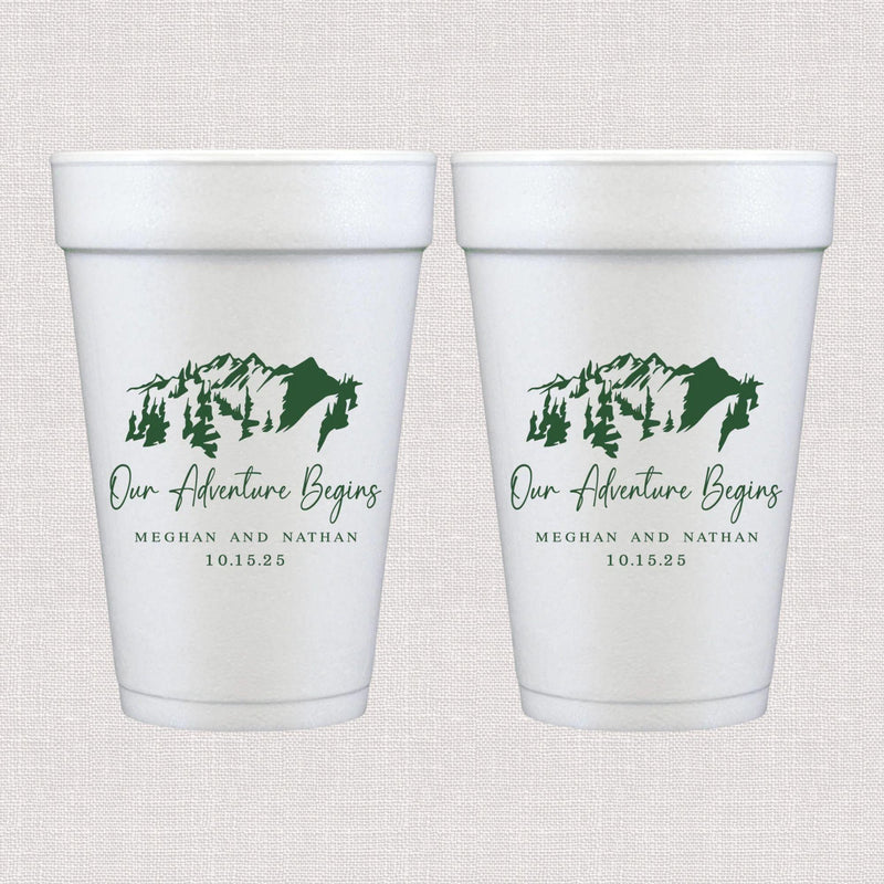 White foam cups with green mountain range and personalized wedding text design