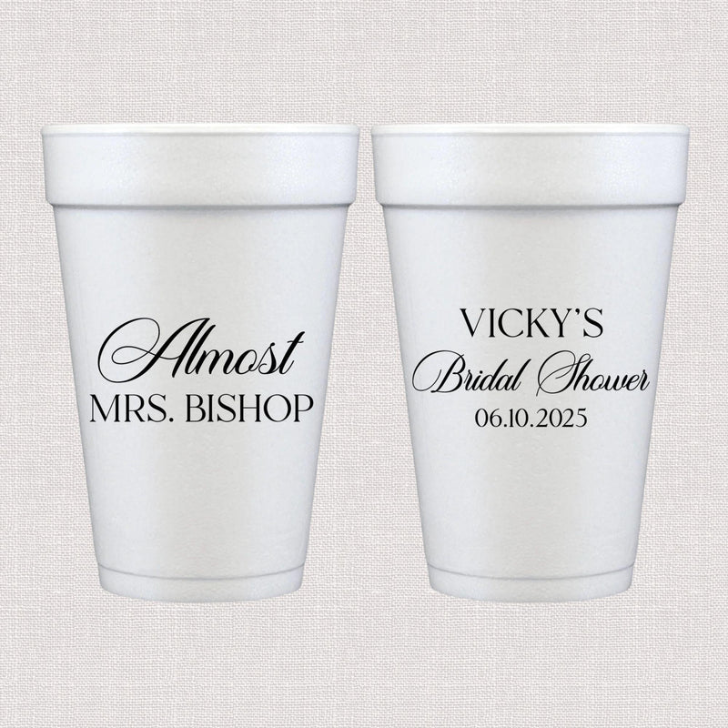 White foam cup with script personalized text and personalized bridal shower text design