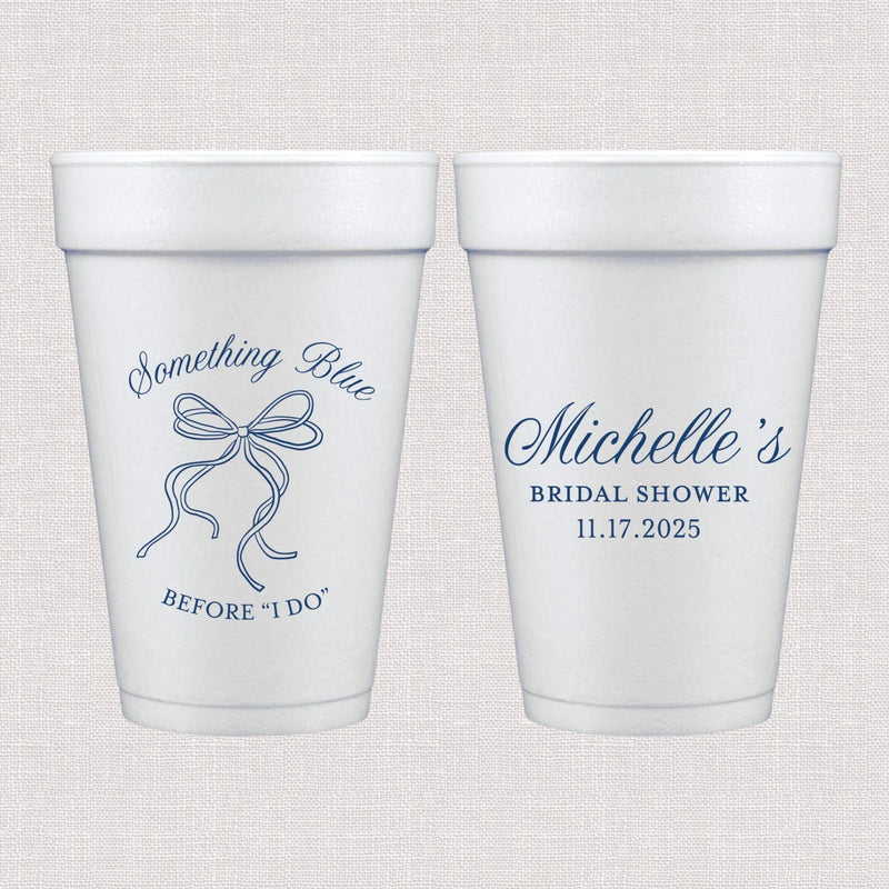 White foam cups with blue bow design and personalized bridal shower text