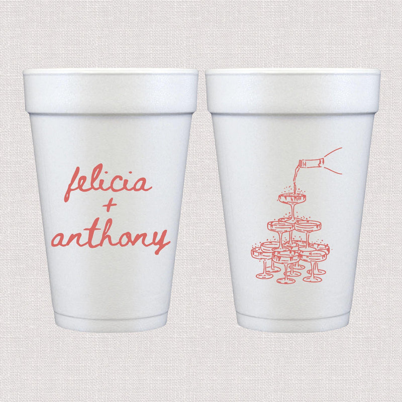 White foam cup with coral champagne tower design and personalized wedding text