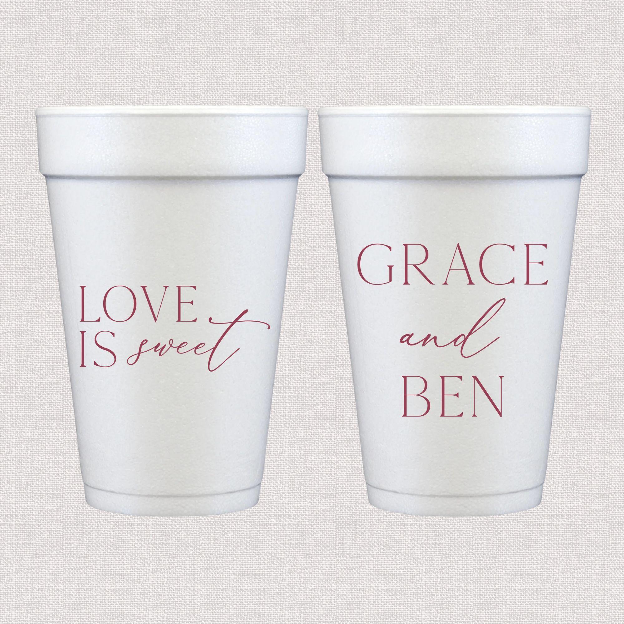 White foam cups with rose gold script wedding text design