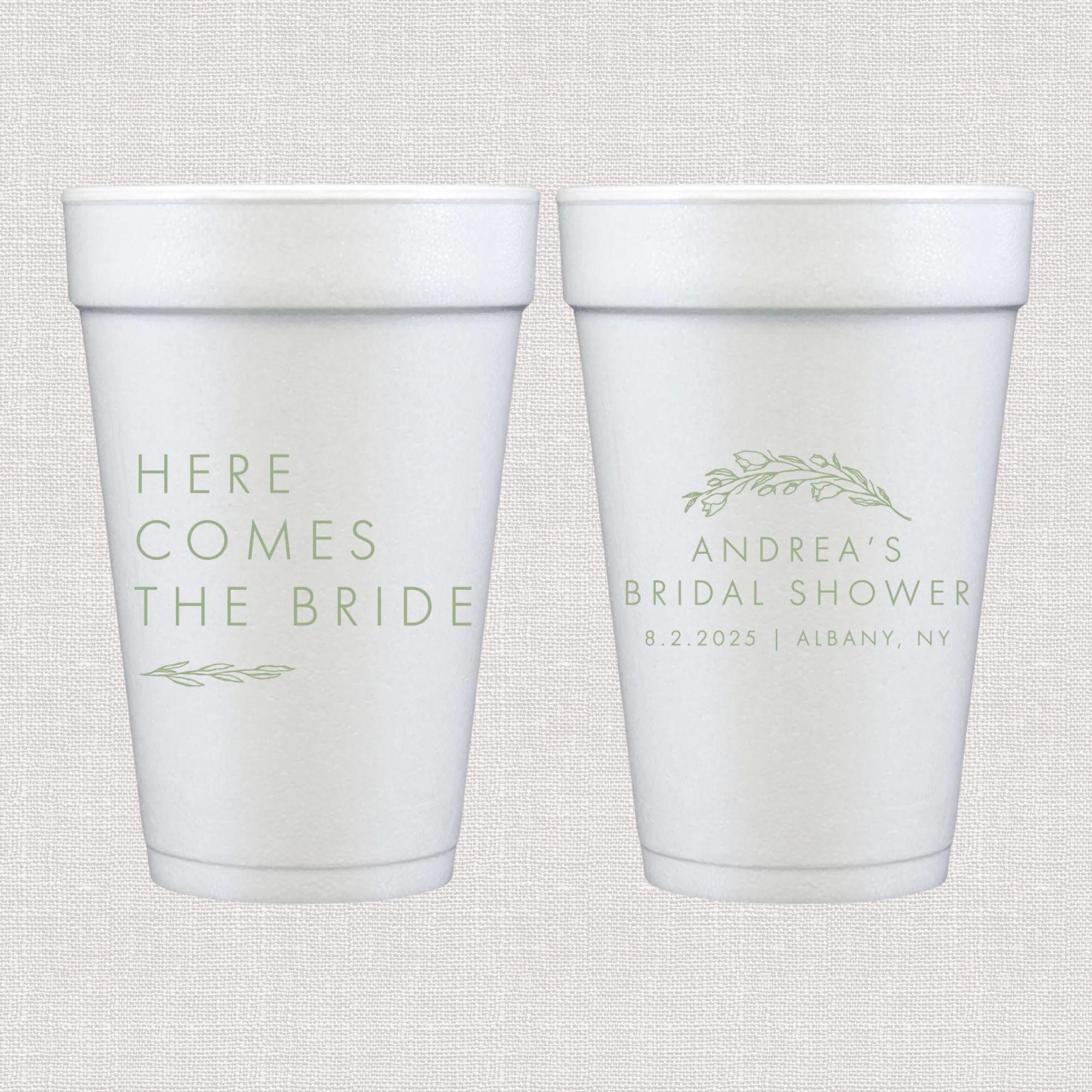 White foam cups with sage green personalized text text and personalized bridal shower design with floral wreath